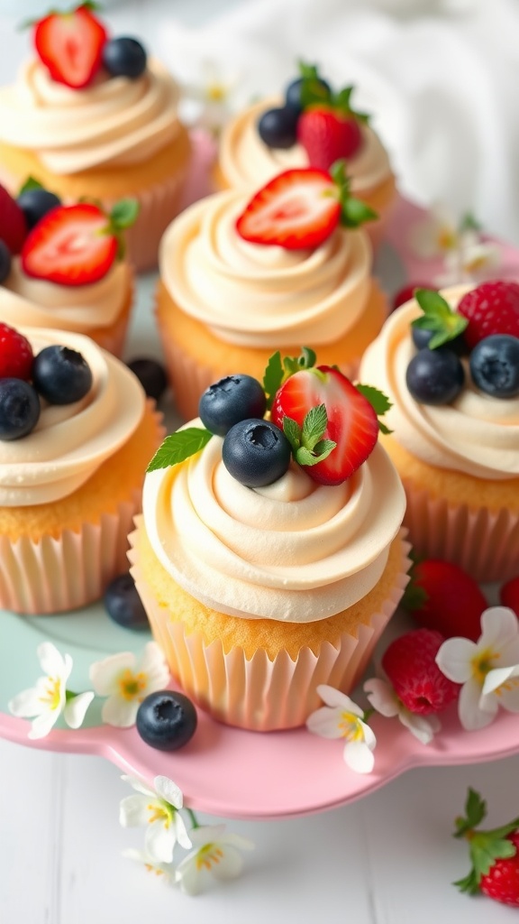 Delightful Spring Vanilla Cupcakes with Fresh Berries Spring vanilla cupcakes with frosting and fresh berries on a pastel platter, surrounded by flowers.
